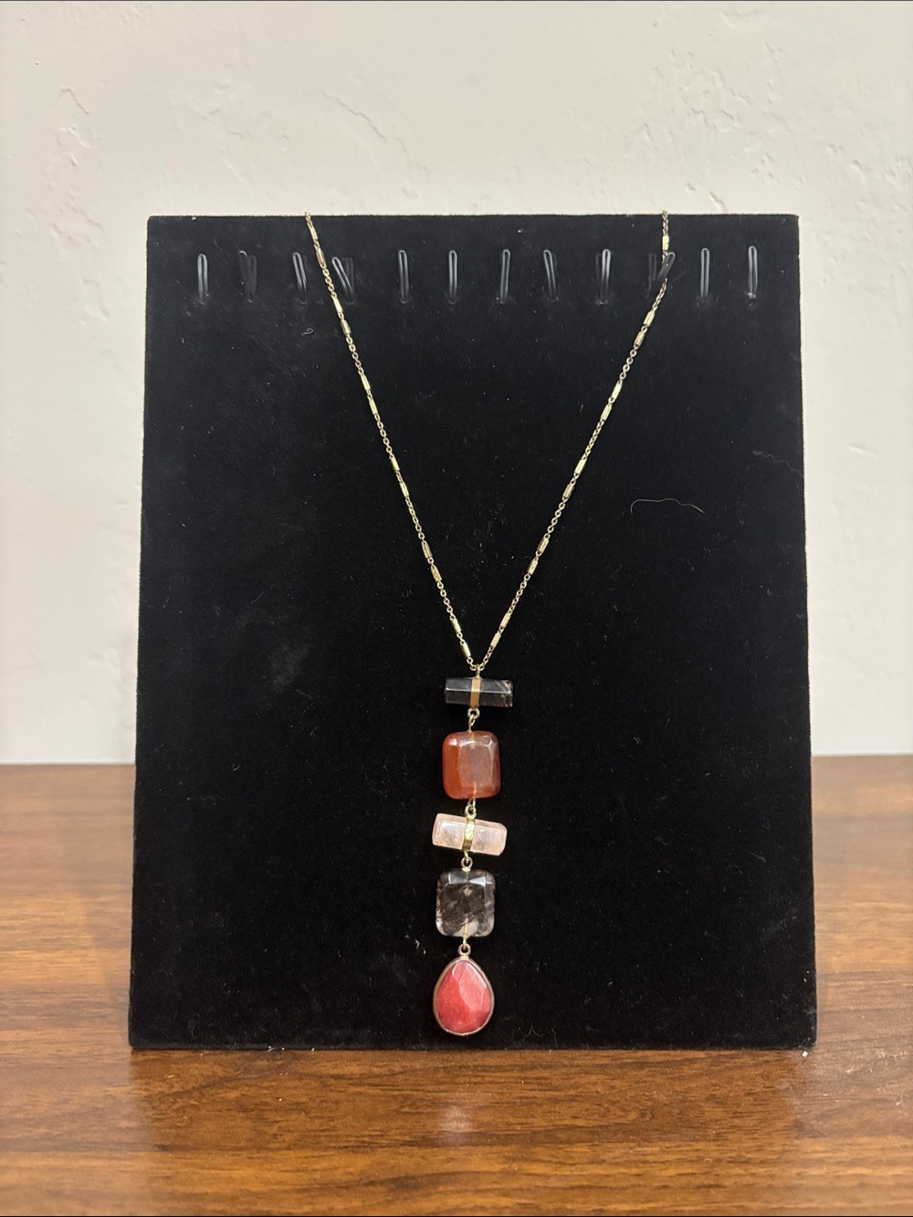 LOFT Gold-Tone Necklace with Red and Brown Stone Pendant